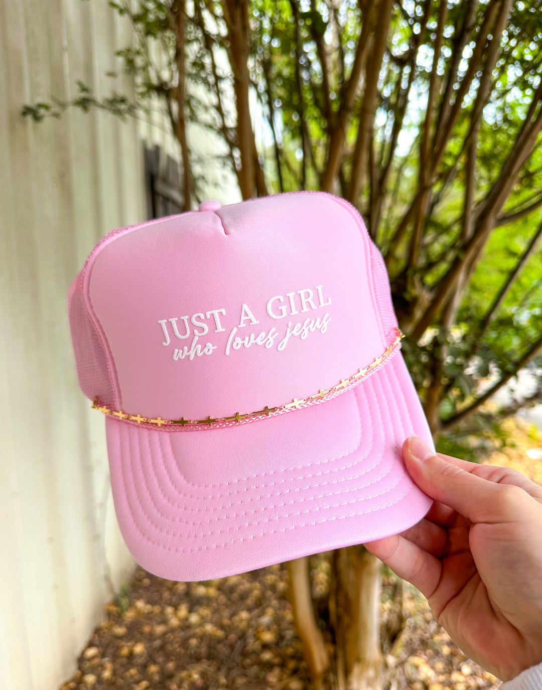Just A Girl Who Loves Jesus Light Pink Trucker