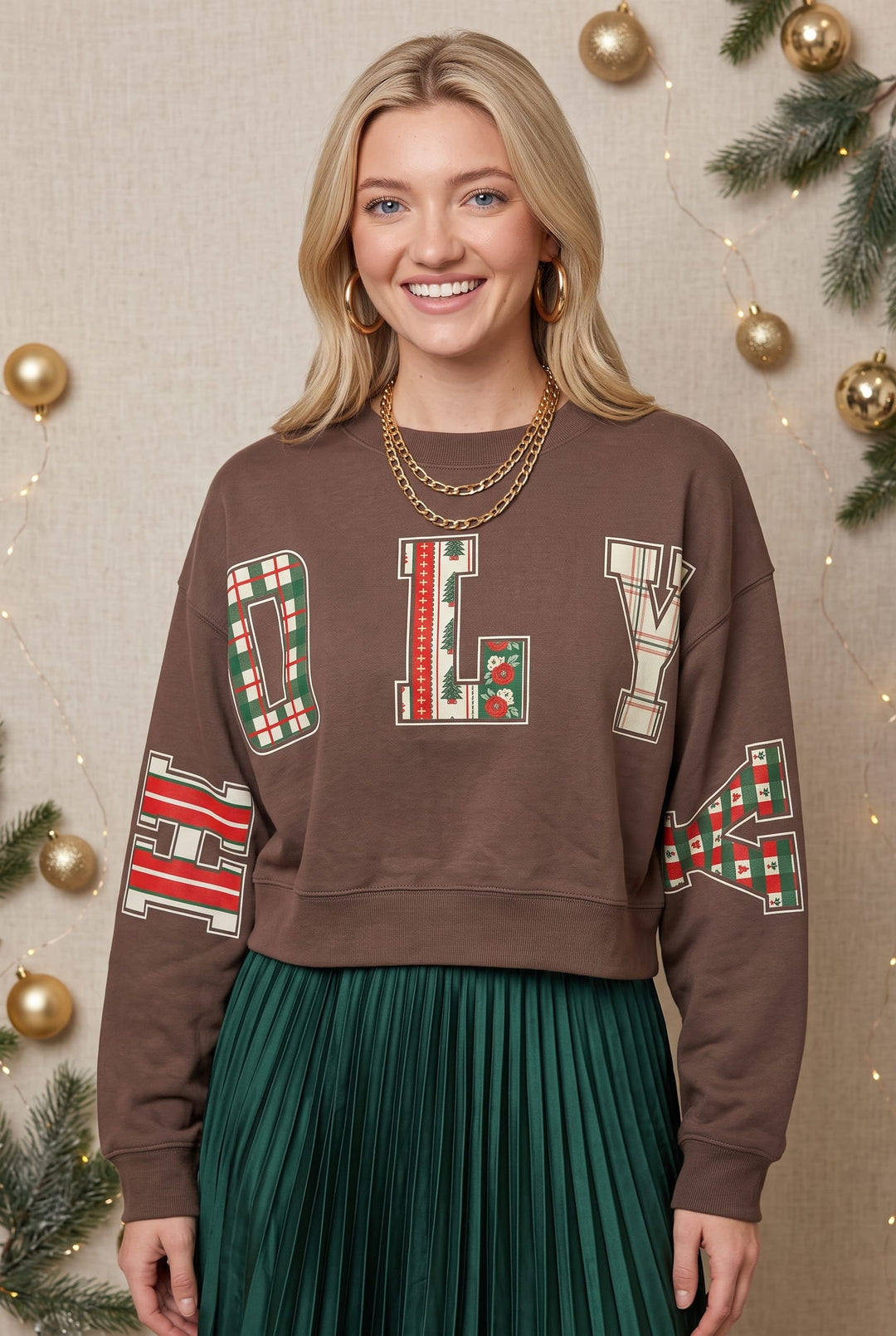 Holly Jolly Patch Mocha Crop Sweatshirt
