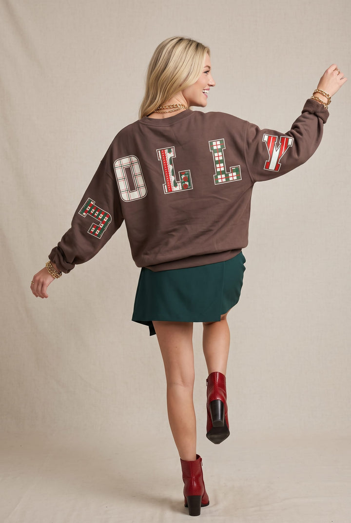 Holly Jolly Patch Mocha Crop Sweatshirt