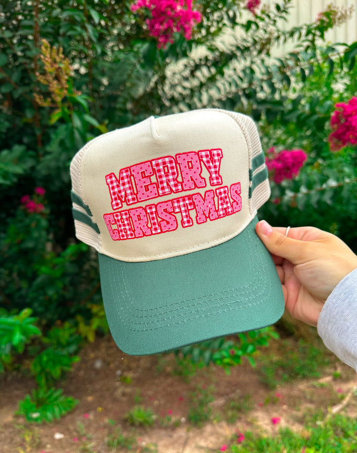 Merry Christmas Dark Green Striped Canvas Trucker Hat