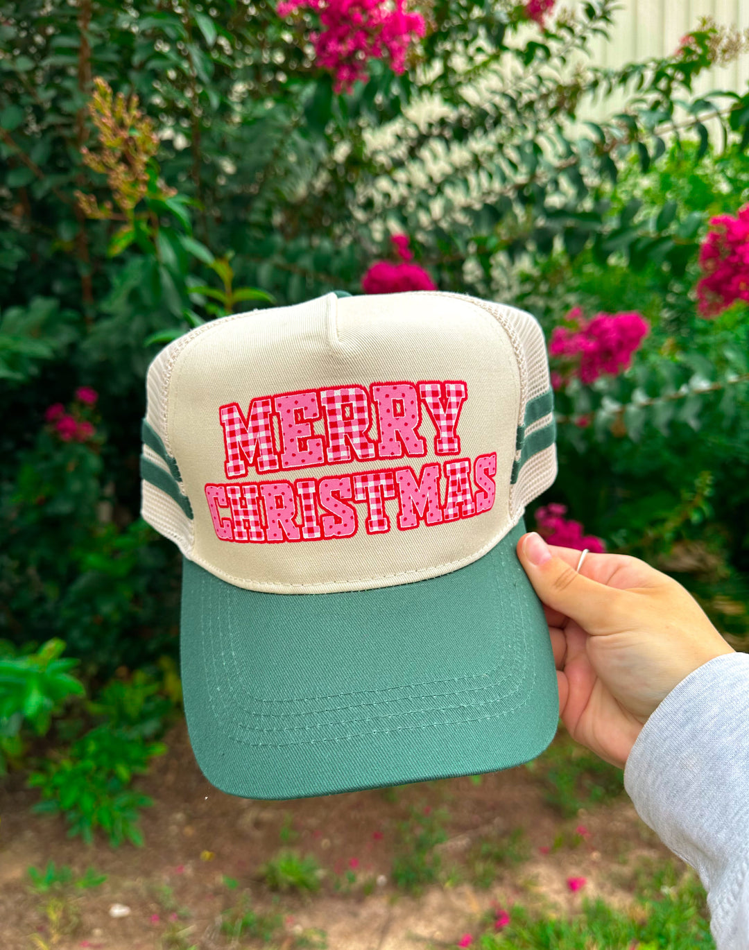 Merry Christmas Dark Green Striped Canvas Trucker Hat