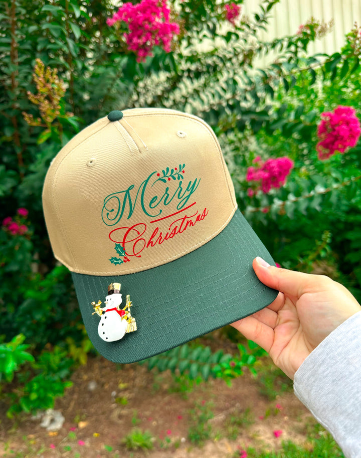 Vintage Merry Christmas Tan/ Dark Green Canvas Trucker Hat