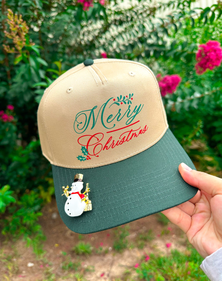 Vintage Merry Christmas Tan/ Dark Green Canvas Trucker Hat