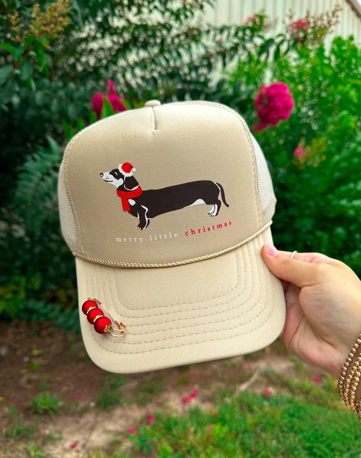 Merry Little Christmas Weenie Dog Khaki Trucker Hat