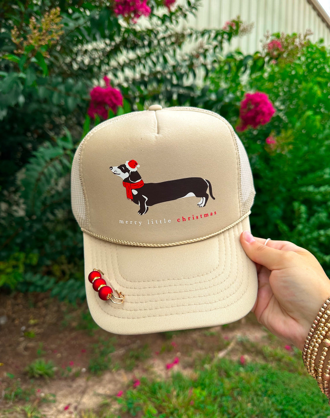 Merry Little Christmas Weenie Dog Khaki Trucker Hat