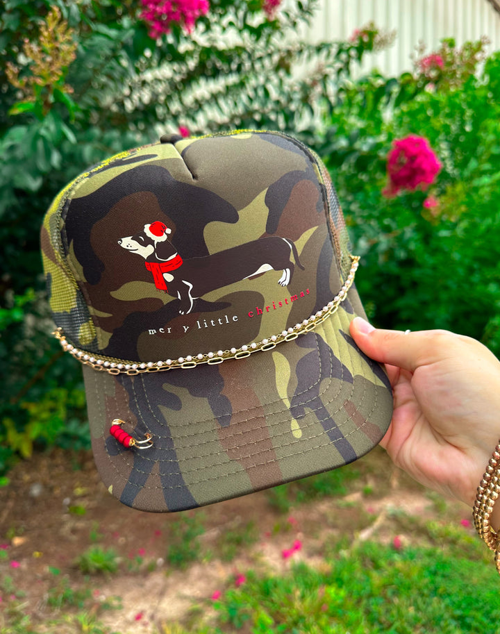 Merry Little Christmas Weenie Dog Full Camo Trucker Hat