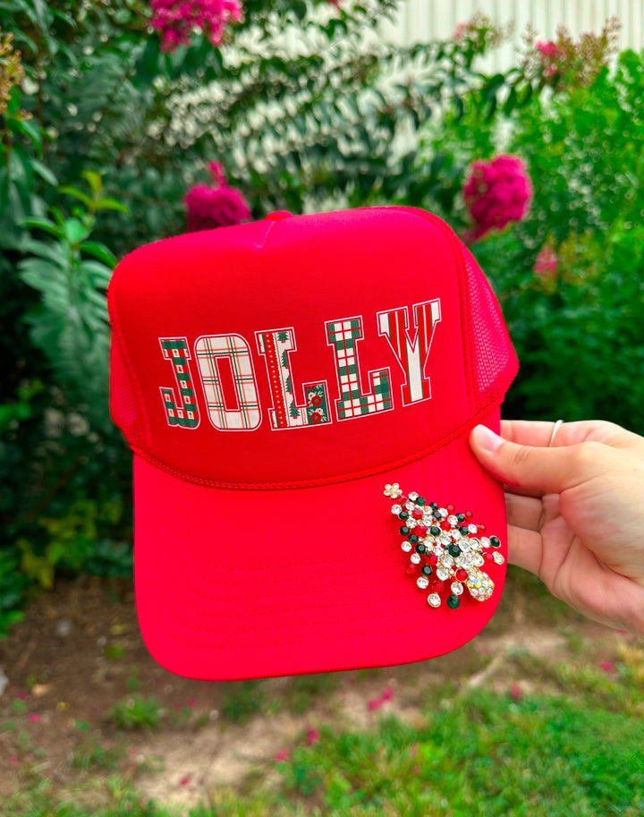 JOLLY (plaid font) Red Trucker Hat