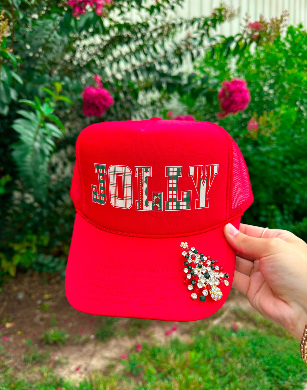 JOLLY (plaid font) Red Trucker Hat