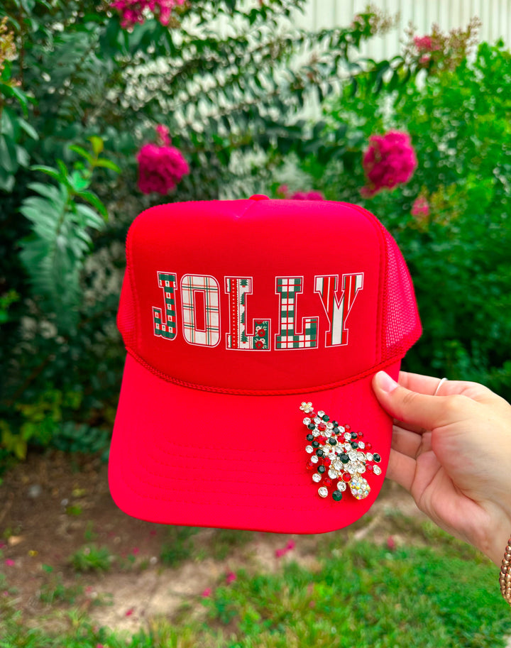 JOLLY (plaid font) Red Trucker Hat