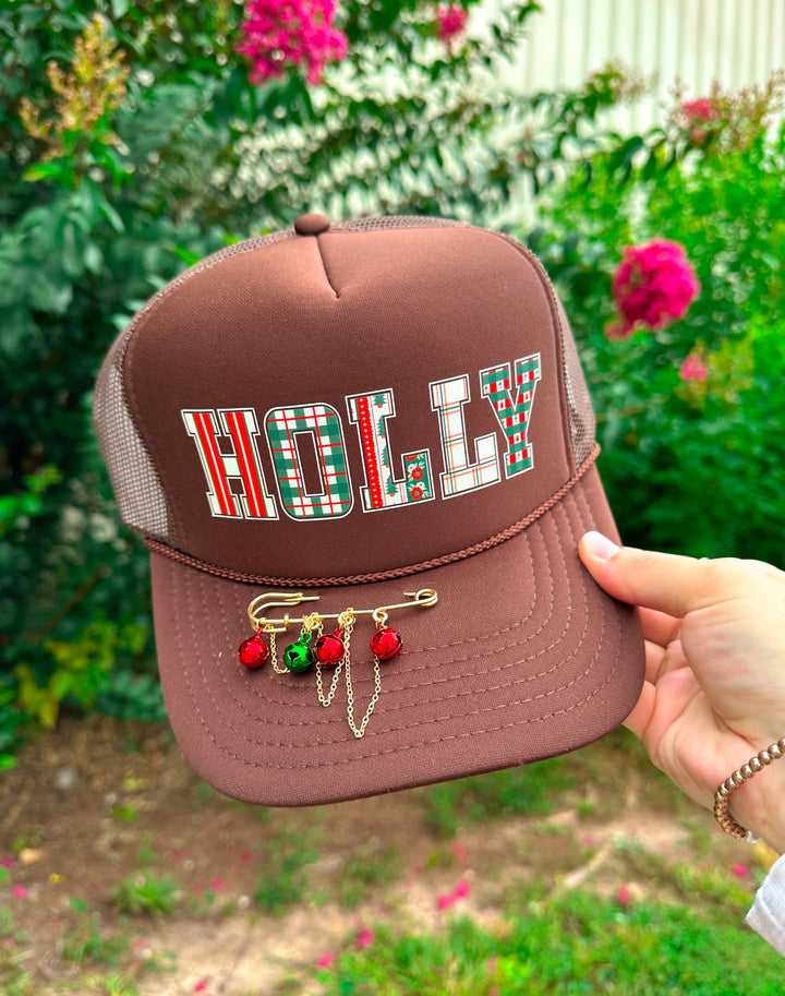 HOLLY (plaid font) Brown Trucker Hat