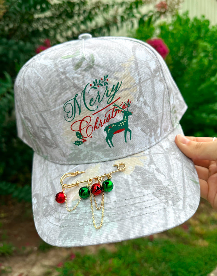 Vintage Merry Christmas With Reindeer Washed Camo Canvas Trucker