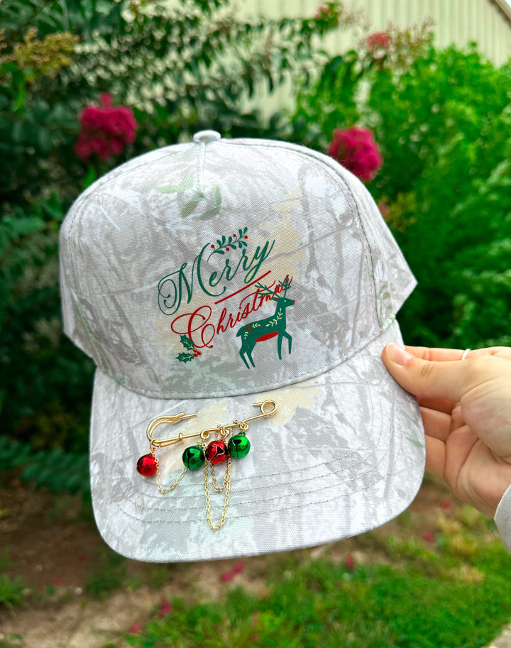 Vintage Merry Christmas With Reindeer Washed Camo Canvas Trucker
