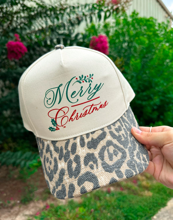 Vintage Merry Christmas Washed Leopard Canvas Trucker