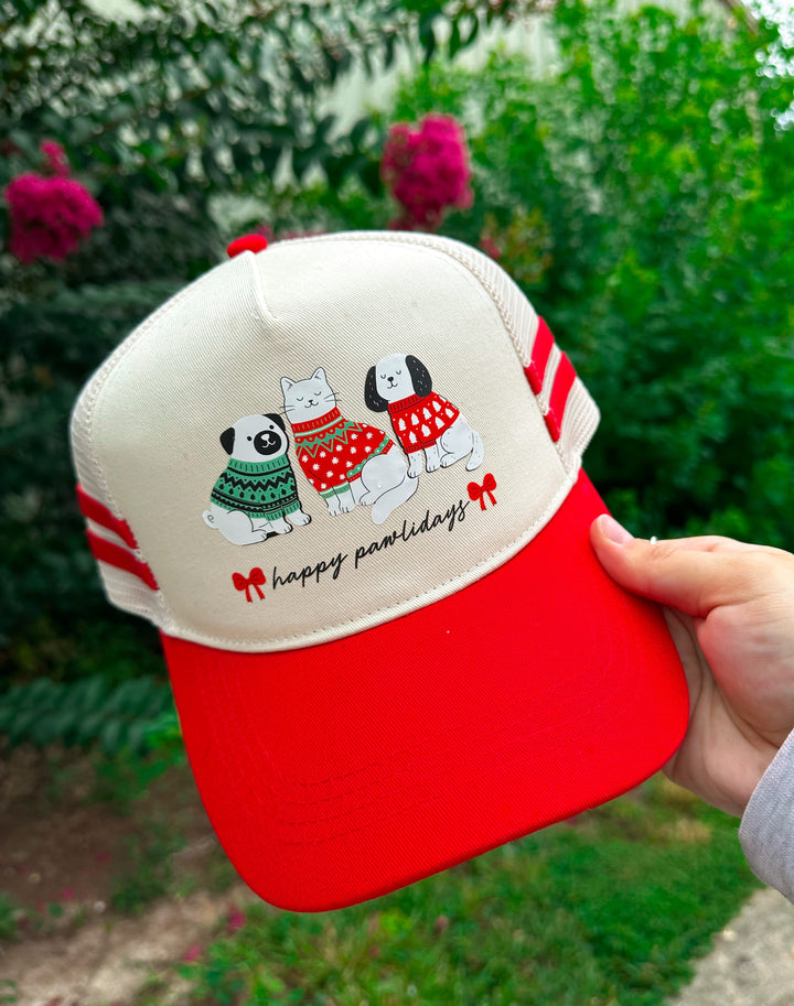 Happy Pawlidays Red Striped Canvas Trucker Hat
