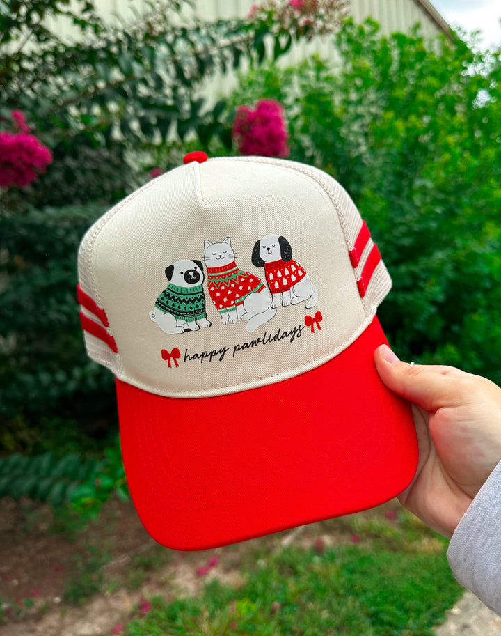 Happy Pawlidays Red Striped Canvas Trucker Hat