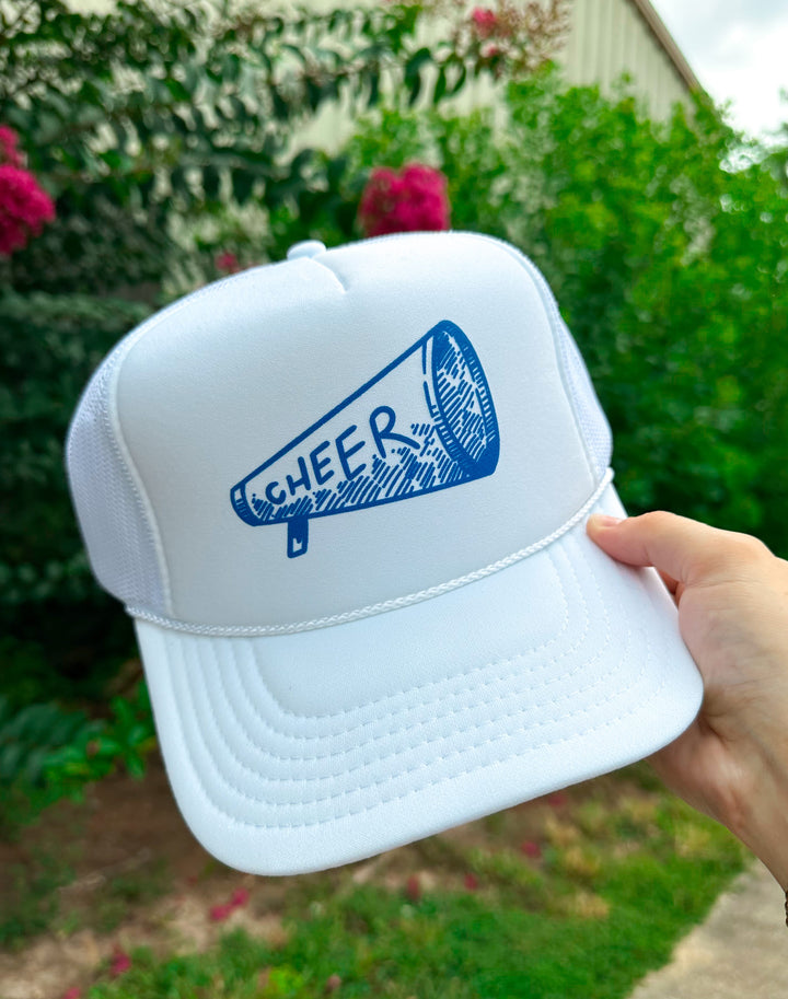 CHEER (royal blue) White Trucker Hat