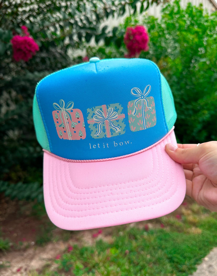 Christmas Bow Gifts Multi Trucker Hat (Carolina Blue)