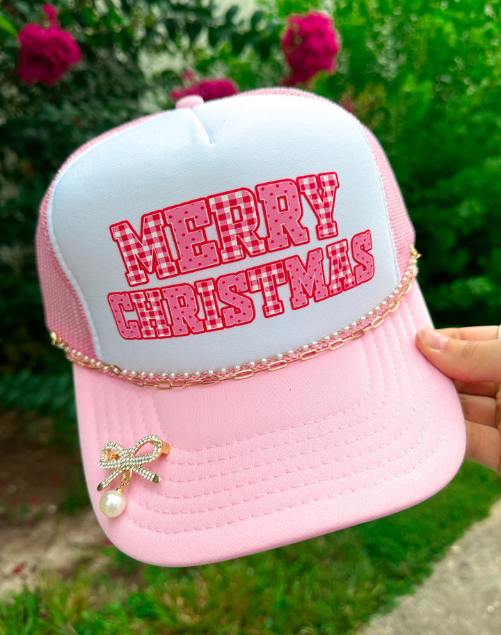Merry Christmas (gingham font) White/Light Pink Trucker