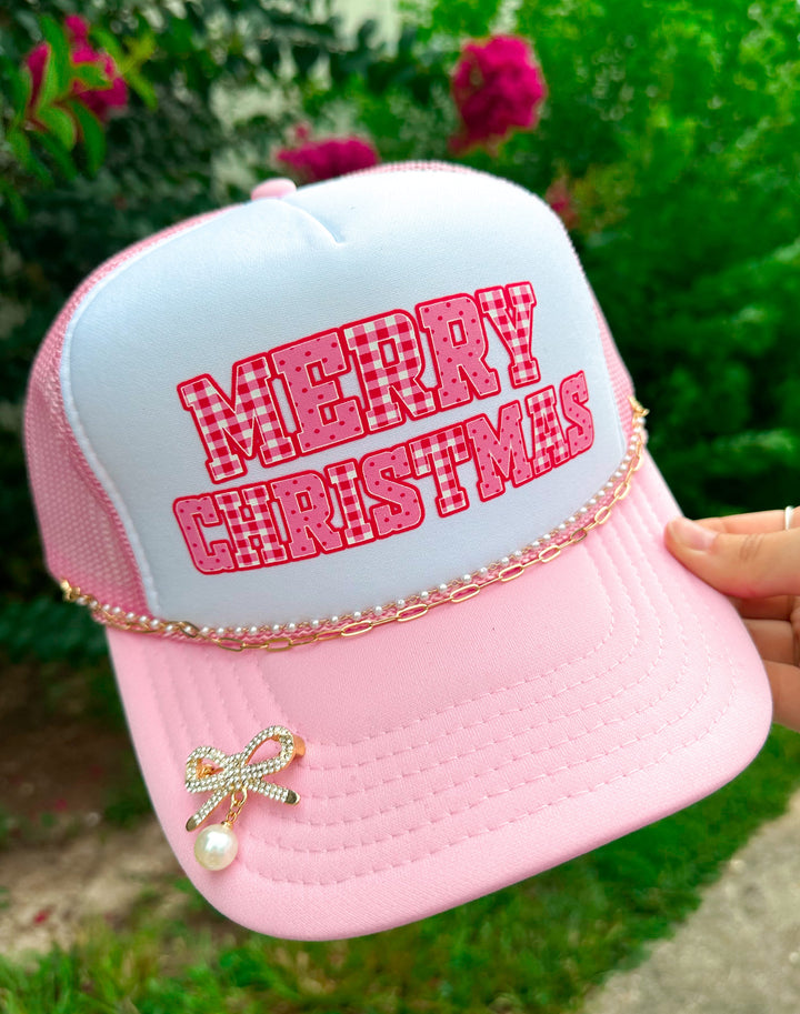 Merry Christmas (gingham font) White/Light Pink Trucker