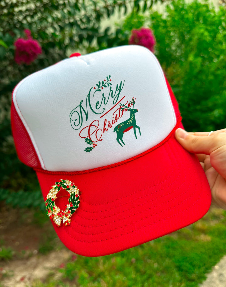 Vintage Merry Christmas With Reindeer White/Red Trucker Hat