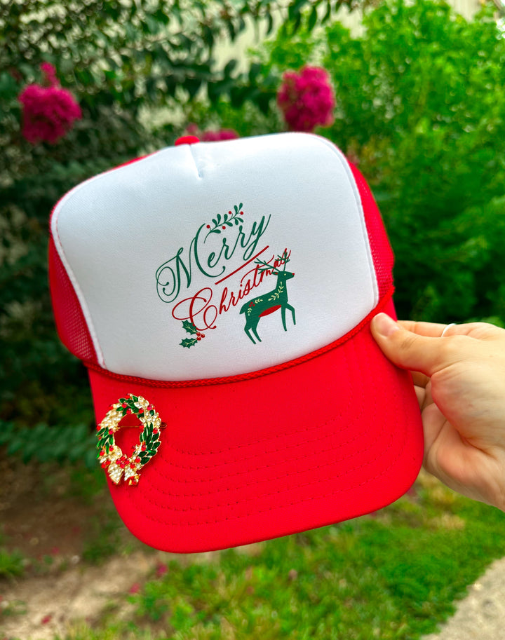 Vintage Merry Christmas With Reindeer White/Red Trucker Hat