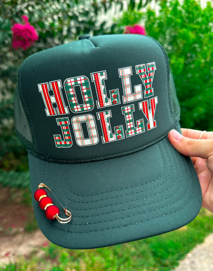 HOLLY JOLLY (plaid font) Dark Green Trucker Hat