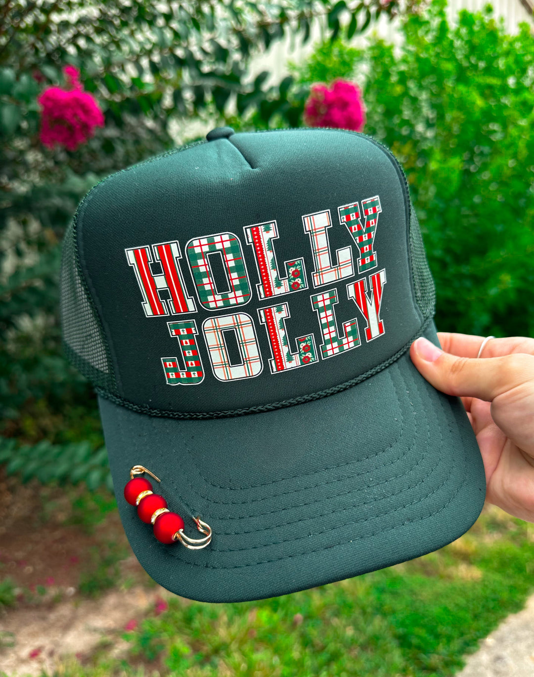 HOLLY JOLLY (plaid font) Dark Green Trucker Hat