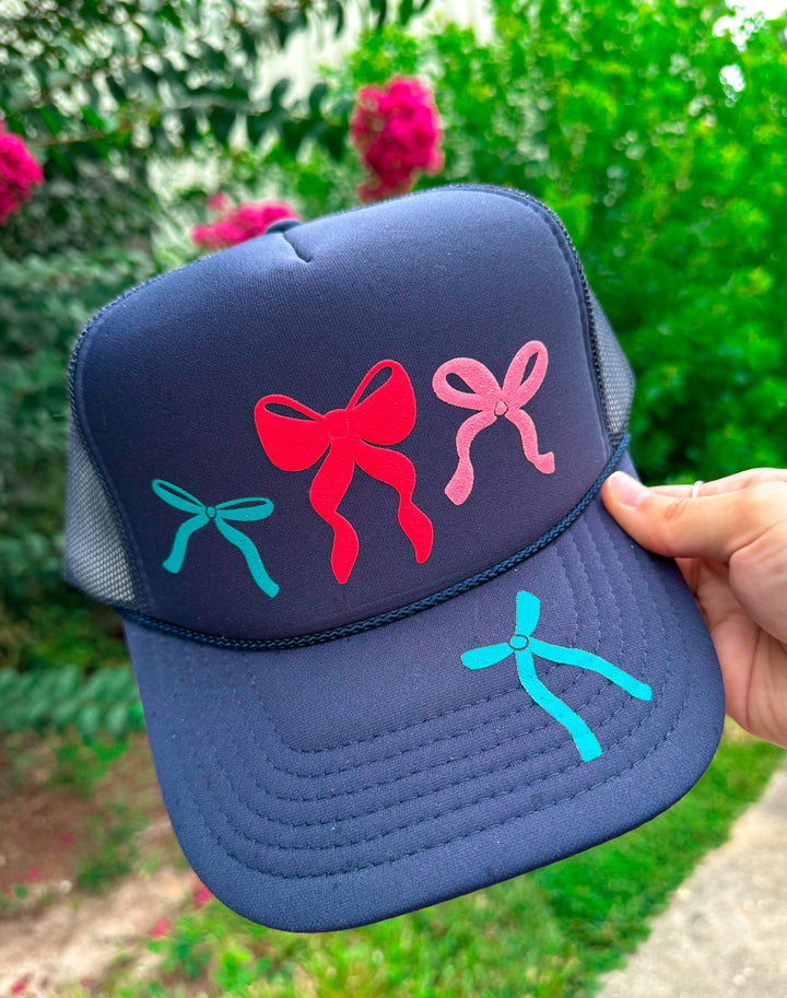 Christmas Multi Glitter Bows Navy Trucker Hat