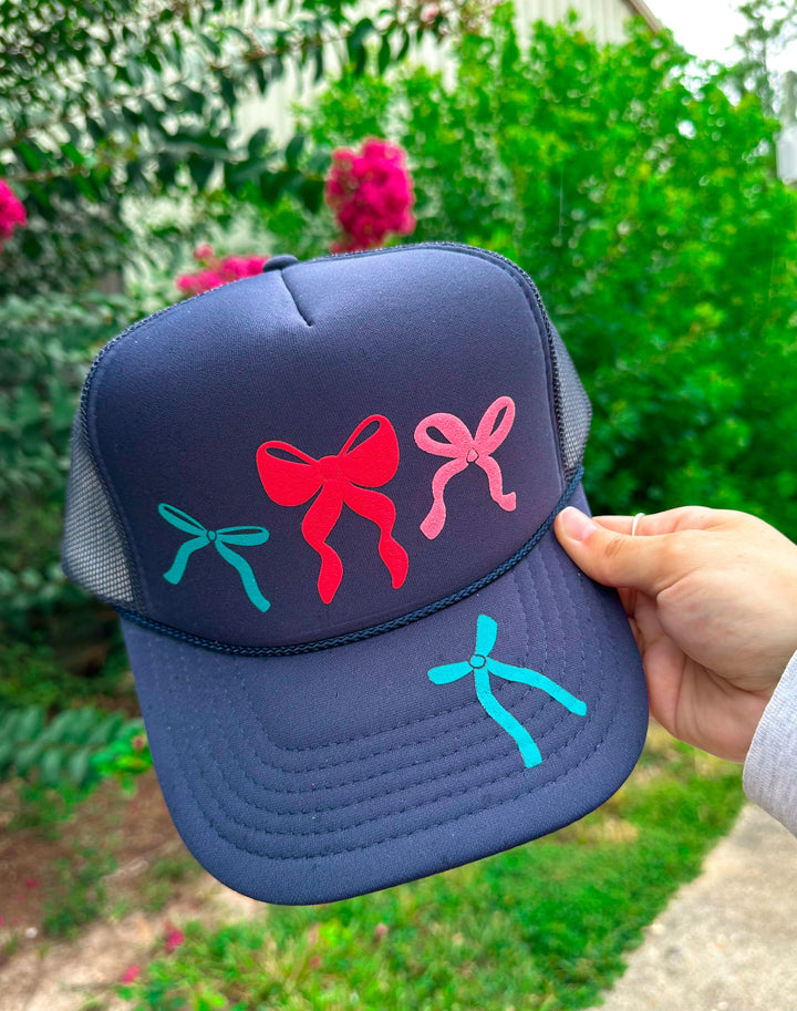 Christmas Multi Glitter Bows Navy Trucker Hat