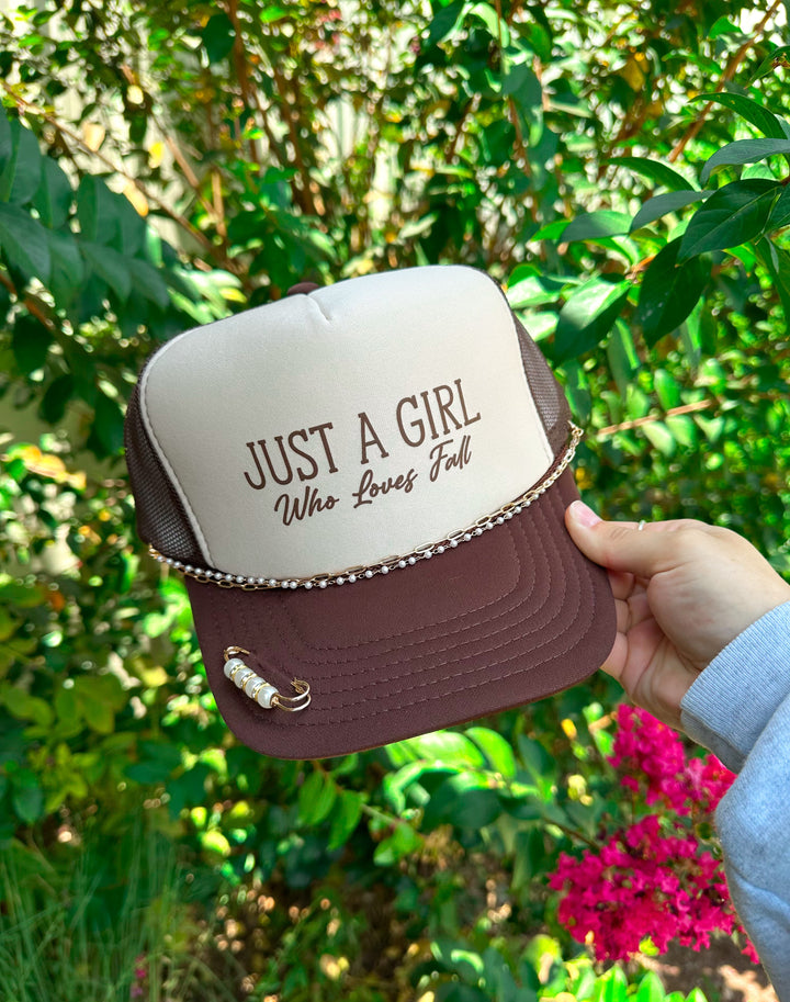 Just A Girl Who Loves Fall Tan/Brown Trucker Hat
