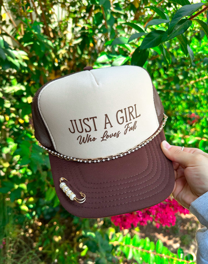 Just A Girl Who Loves Fall Tan/Brown Trucker Hat