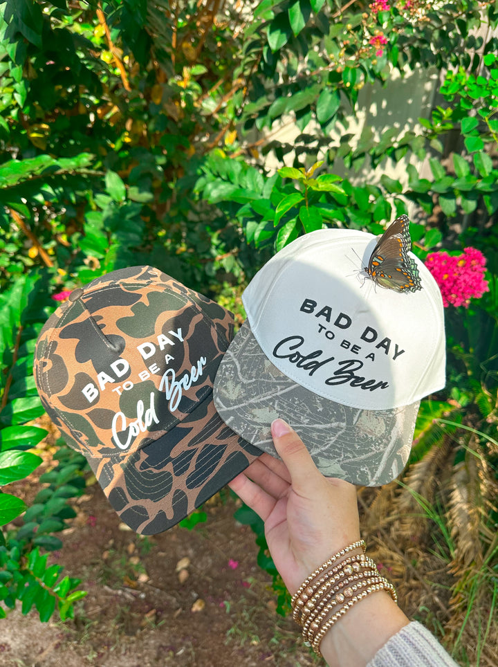Bad Day To Be A Cold Beer Khaki/ Woodland Camo Canvas Trucker