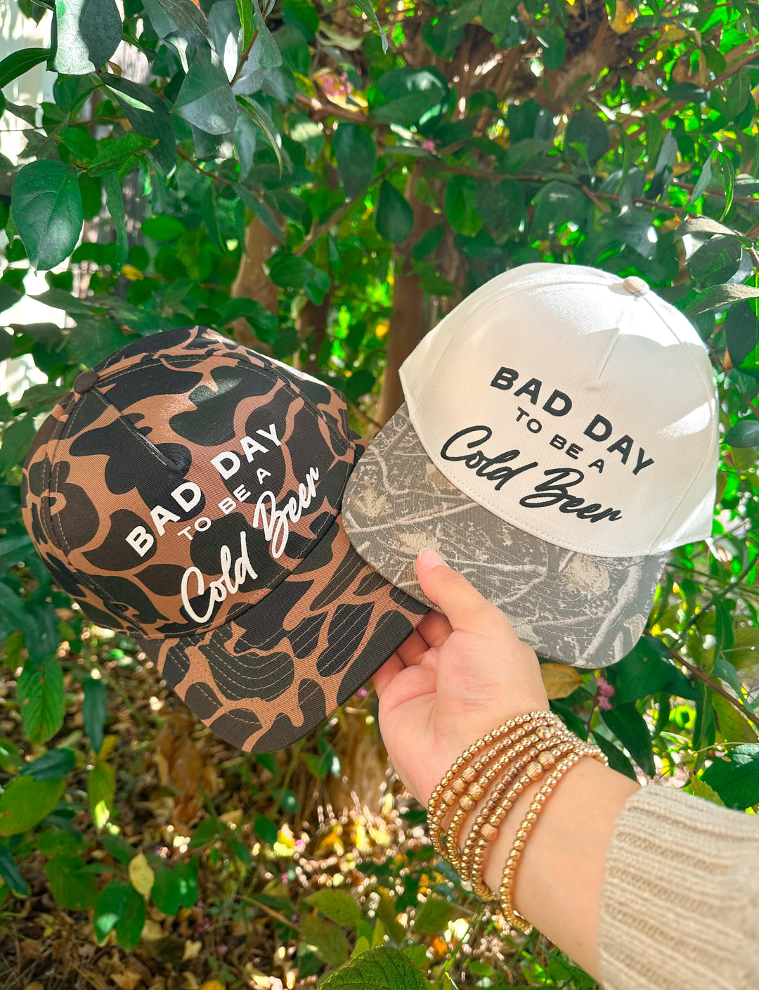 Bad Day To Be A Cold Beer Khaki/ Woodland Camo Canvas Trucker