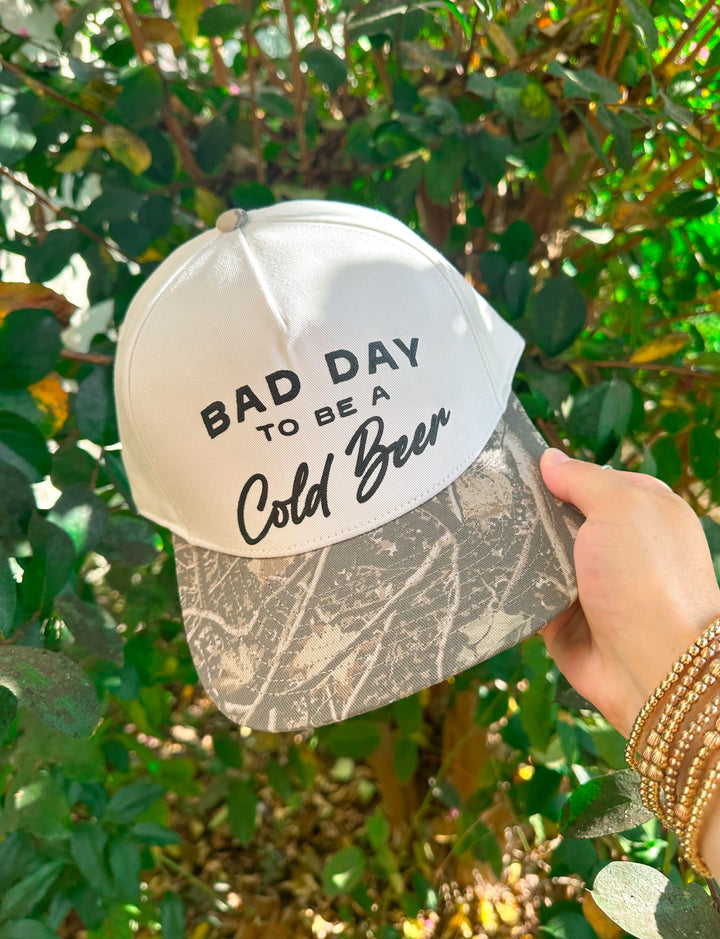 Bad Day To Be A Cold Beer Khaki/ Woodland Camo Canvas Trucker