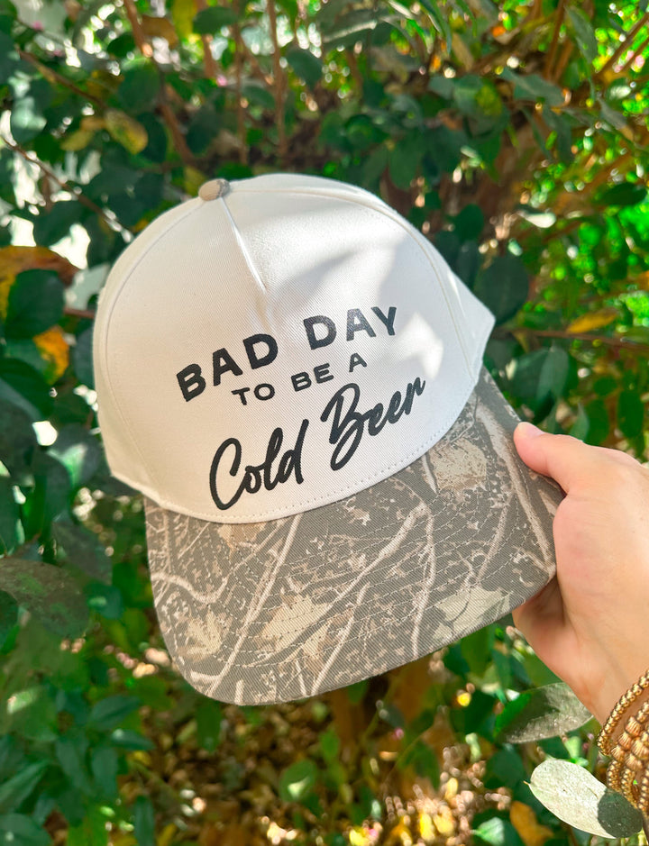 Bad Day To Be A Cold Beer Khaki/ Woodland Camo Canvas Trucker