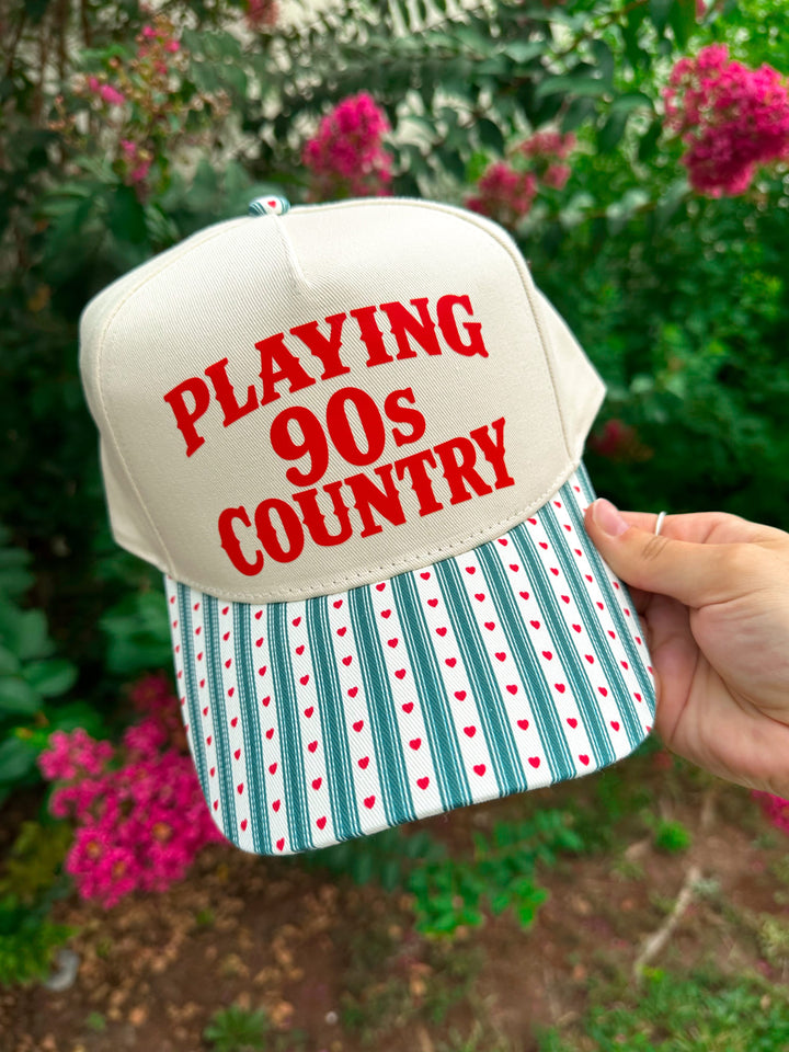 Playing 90s Country Green Striped & Red Hearts Canvas Trucker Hat