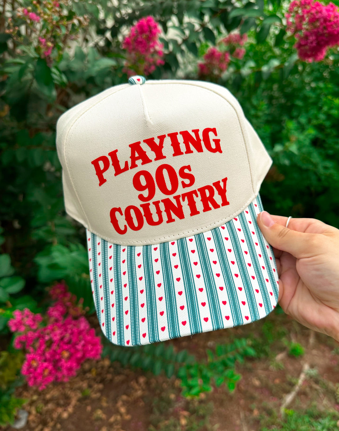 Playing 90s Country Green Striped & Red Hearts Canvas Trucker Hat