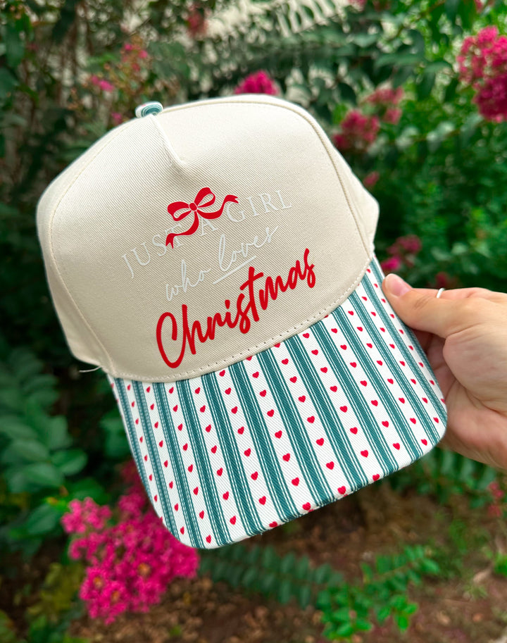 Just A Girl Who Loves Christmas Green Striped & Red Hearts Canvas Trucker Hat