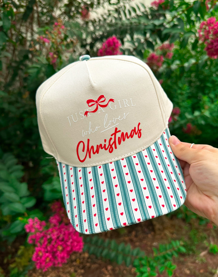 Just A Girl Who Loves Christmas Green Striped & Red Hearts Canvas Trucker Hat