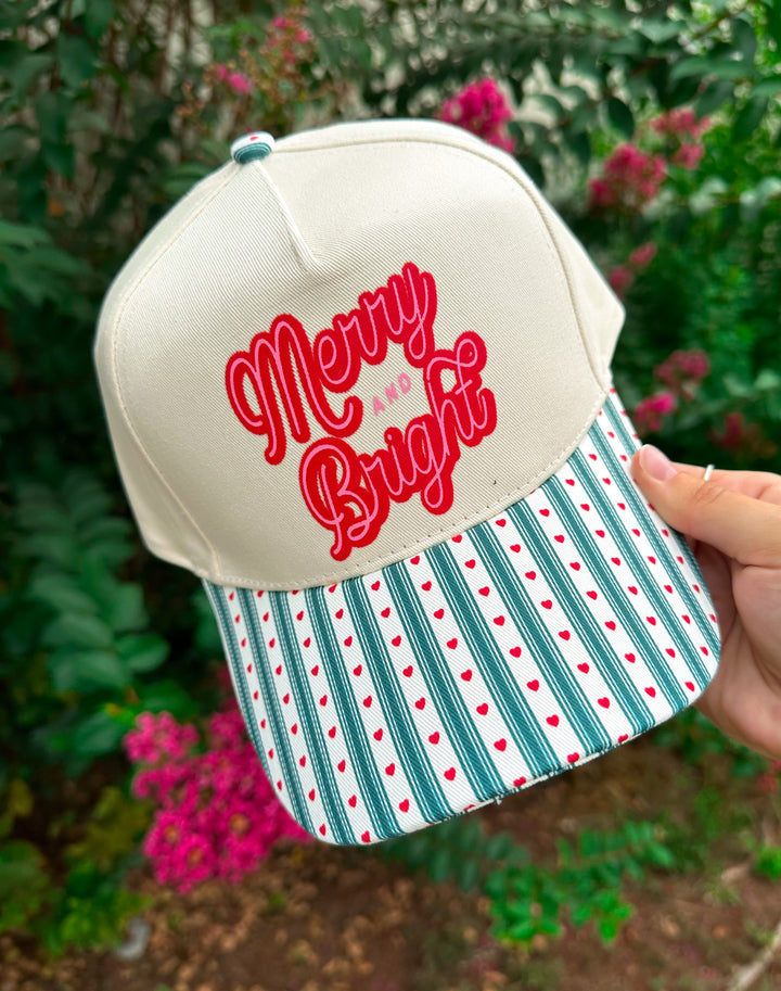 Merry & Bright Green Striped & Red Hearts Canvas Trucker Hat