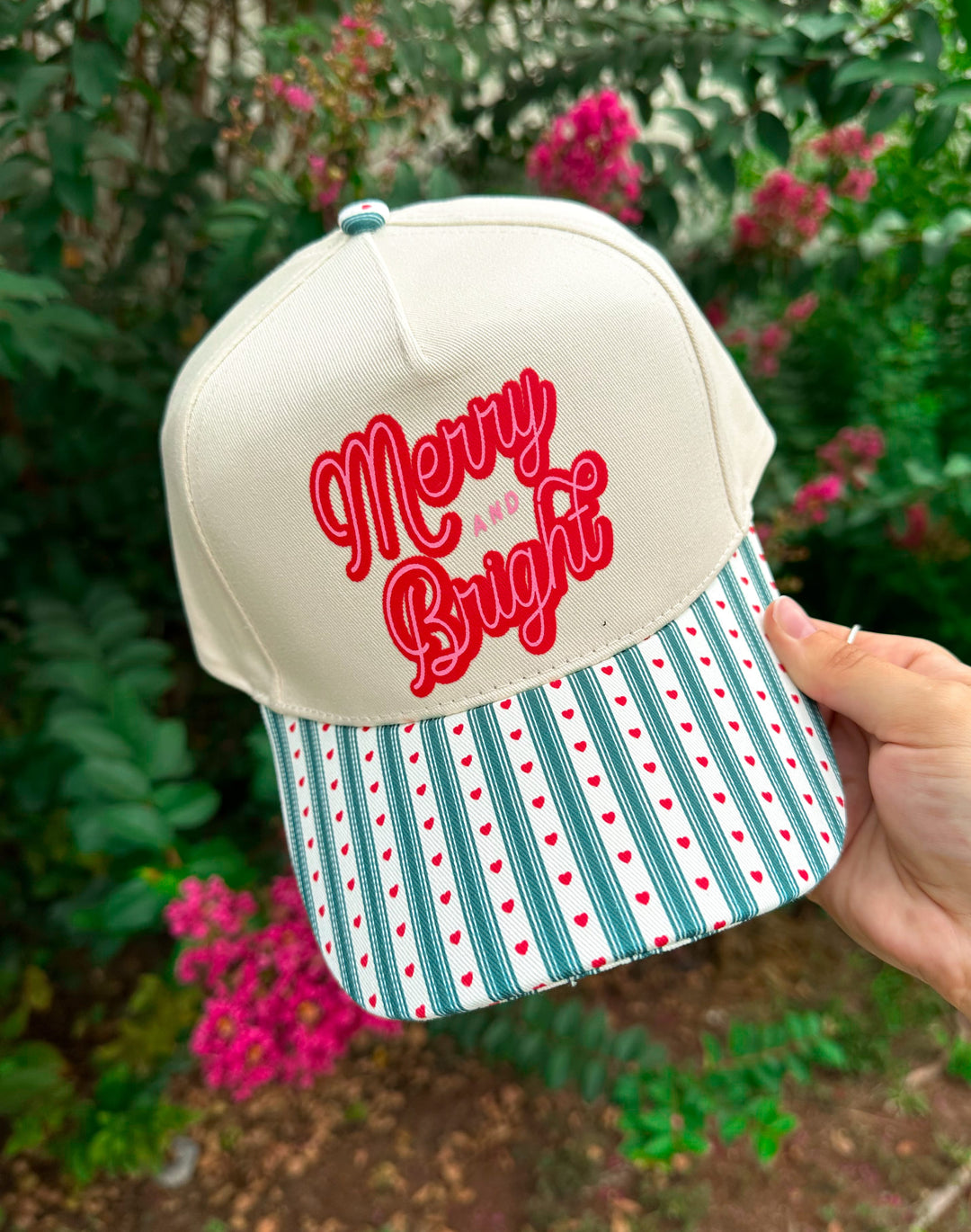 Merry & Bright Green Striped & Red Hearts Canvas Trucker Hat
