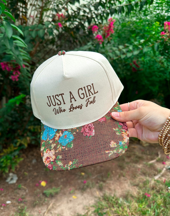 Just A Girl Who Loves Fall Vintage Brown Floral Canvas Trucker Hat