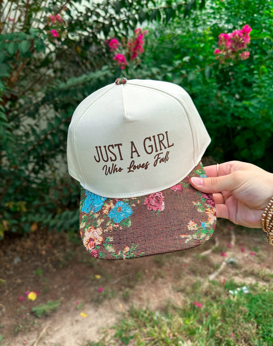 Just A Girl Who Loves Fall Vintage Brown Floral Canvas Trucker Hat