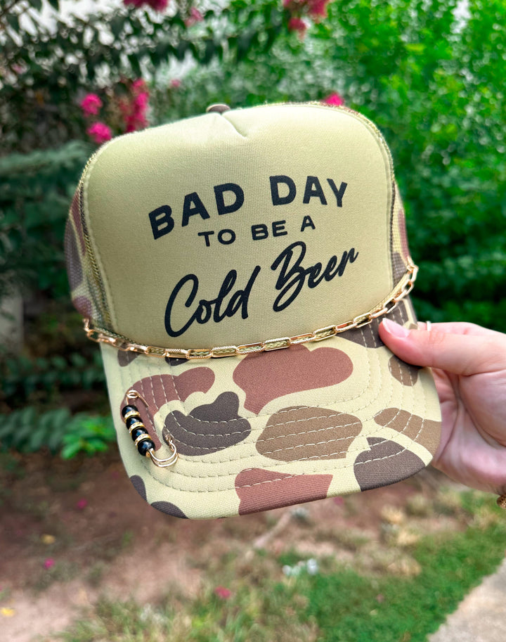 Bad Day To Be A Cold Beer (black font) Two Tone Camo Trucker