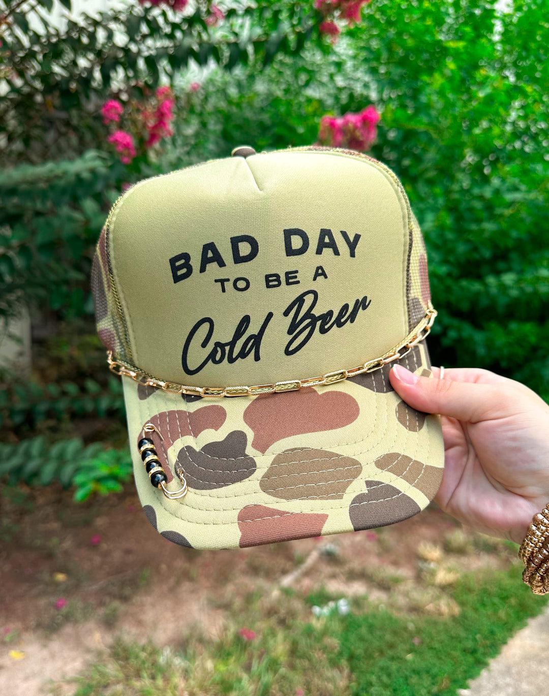 Bad Day To Be A Cold Beer (black font) Two Tone Camo Trucker