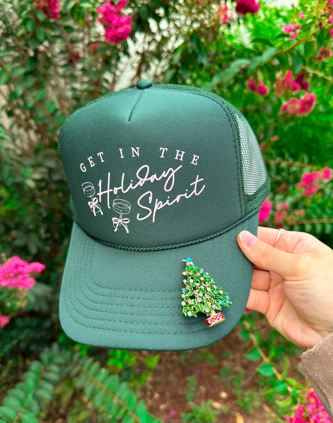 Get In The Holiday Spirit (pink font) Dark Green Trucker