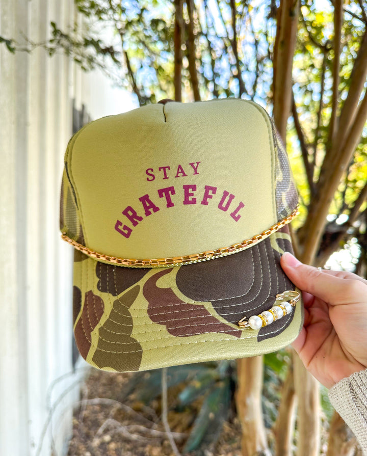 Stay Grateful Two-Tone Camo Trucker