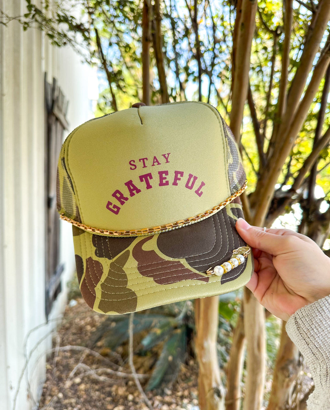 Stay Grateful Two-Tone Camo Trucker