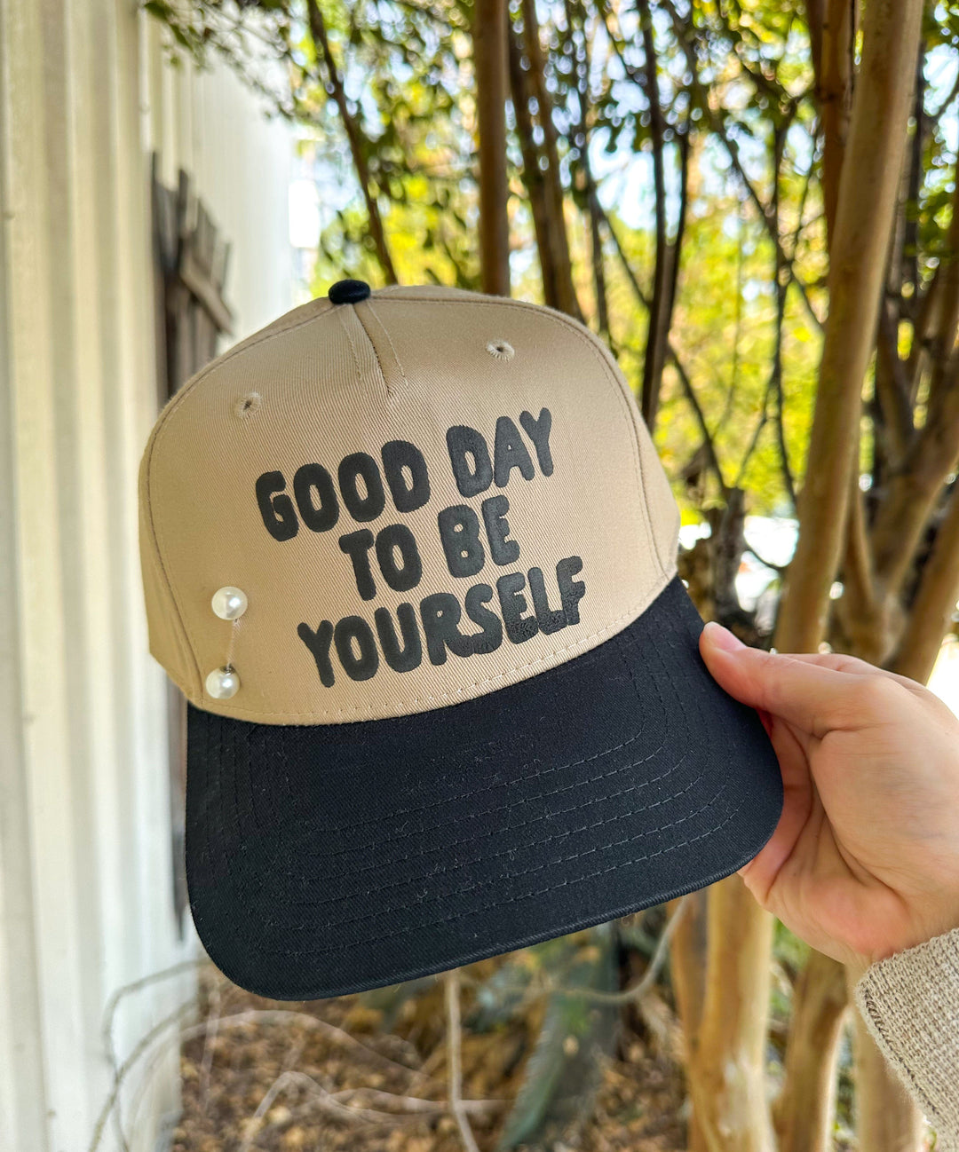 Good Day To Be Yourself Tan/Black Canvas Trucker Hat