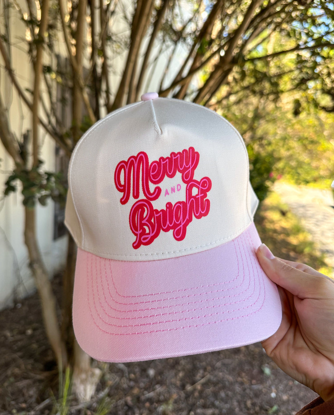 Merry & Bright Tan/Light Pink Canvas Trucker